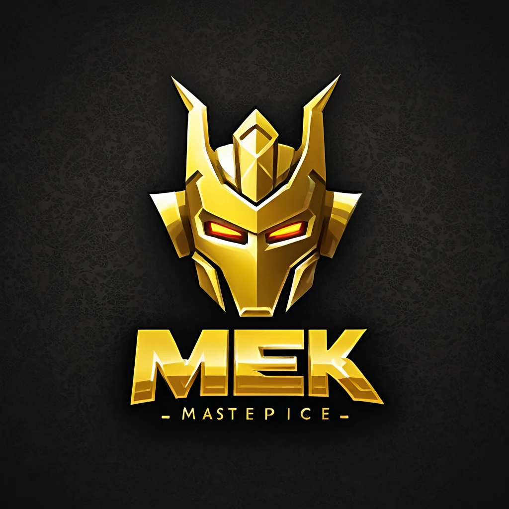 logomkrdsxl,an edgy logo 3D with robô dourado e prata, vector, text "MEK", best quality, masterpiece, brand, dark background,
