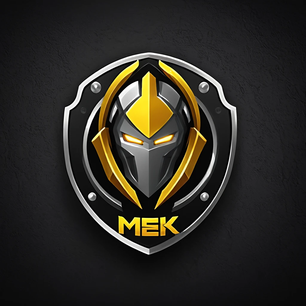 logomkrdsxl,an  edgy logo  3D with robô dourado e prata,  vector, text "MEK",  best quality, masterpiece, brand, dark background, 