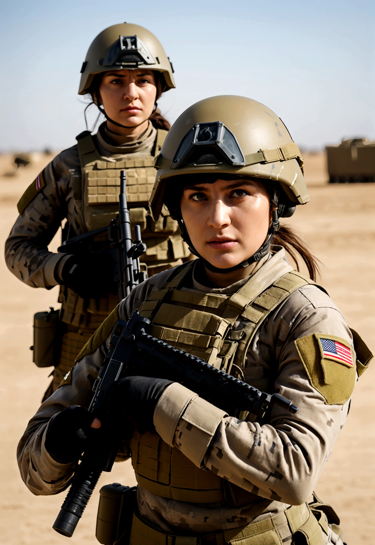 best qualityer,ultra detali,realisitic:1.37,Women Soldiers,combat uniforms,tactical equipment,protective helmets,assault rifles,strong and confident,Stern expressions,dynamic poses,Intense action,military backdrop,hdr,bright coloured,proffesional