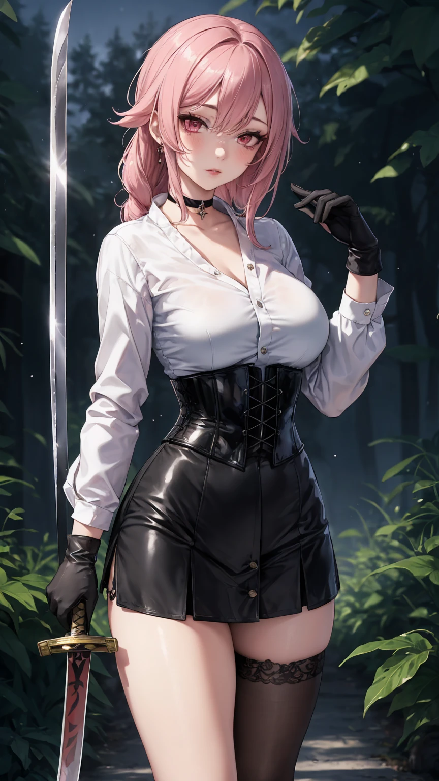  Masterpiece, Beautiful art, professional artist, 8k, Very detailed face, Detailed clothing, detailed fabric, 1 girl, Chiori \(genshin impact\), standing, perfectly drawn body, shy expression, pale skin, beautiful face, 4k eyes, very detailed eyes, pink cheeks, choker:1.6, (white collar button down long sleeve shirt), black gloves, gloves that cover hands, (holds a Japanese sword with his right hand), (black leather corset), (shiny black tight mini skirt), Sensual Lips , evening de invierno, show details in the eyes, looking at the viewer, Dark road, dark forest, evening, Atmosphere, fog