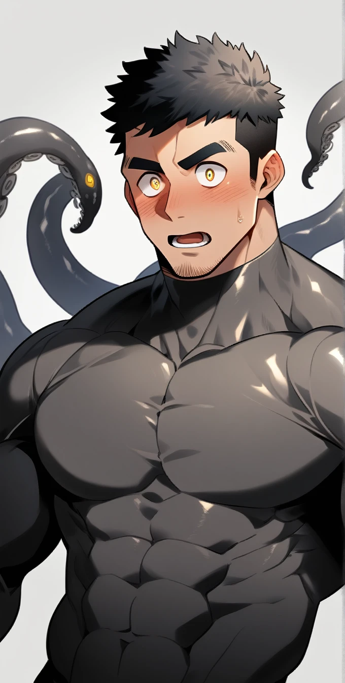 anime characters：Superhero in tights, negro black skin, He was entangled by a large number of thick black tentacles, Very stout, Lots of mucus, Wrap around the neck, Tightly tied, Manliness, male focus, Yellow and black high collar long sleeve tight T-shirt, Slightly transparent material, Very tight, Round, full and perky chest muscles, Male dog waist, Slightly transparent, muscular male, muscular, only, Upper body, alone, Black short hair, Thick eyebrows, stubble, Yellow eyes, Grey background, simple background, amazing quality, best aesthetics, Ridiculous, bright pupils, crew cut, parted lips, blush, open mouth, scared, drop shadow, best quality