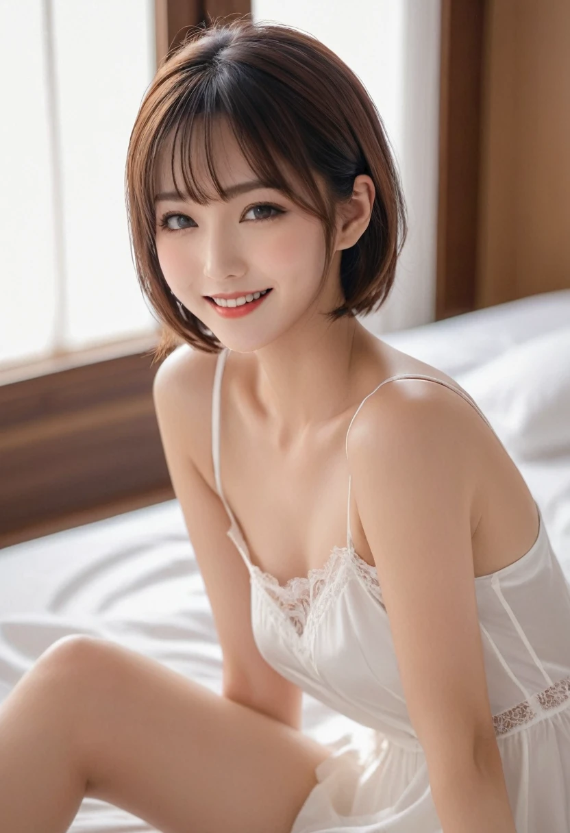 Masterpiece, High Quality, High Resolution, (Super Detail) ), (Wallpaper), ((Face) Detail),masterpiece, One woman per photo, Full Body Shot,Underarm、 Composition looking down at the subject from above, Young and beautiful woman in Japan, Smiling super cute face, short hair, Wearing a sleeveless white silk satin chemise with white lace,White panties、 Small breasts、skinny、Glossy Lips, Attractive person, On a silk bed,Sitting、Bend and spread your legs, Silk pillow, Silk bed sheets, Double eyelids on both eyes, Natural Makeup, Long eyelashes, Shiny and smooth light brown hair, Asymmetrical bangs, Fair skin, Center image, 8K resolution, High detail, Detailed hairstyle, Detailed face, Spectacular movie lighting, Vibrant, Ultra-realistic, Perfect limbs, Perfect Anatomy,Beautiful teeth alignment