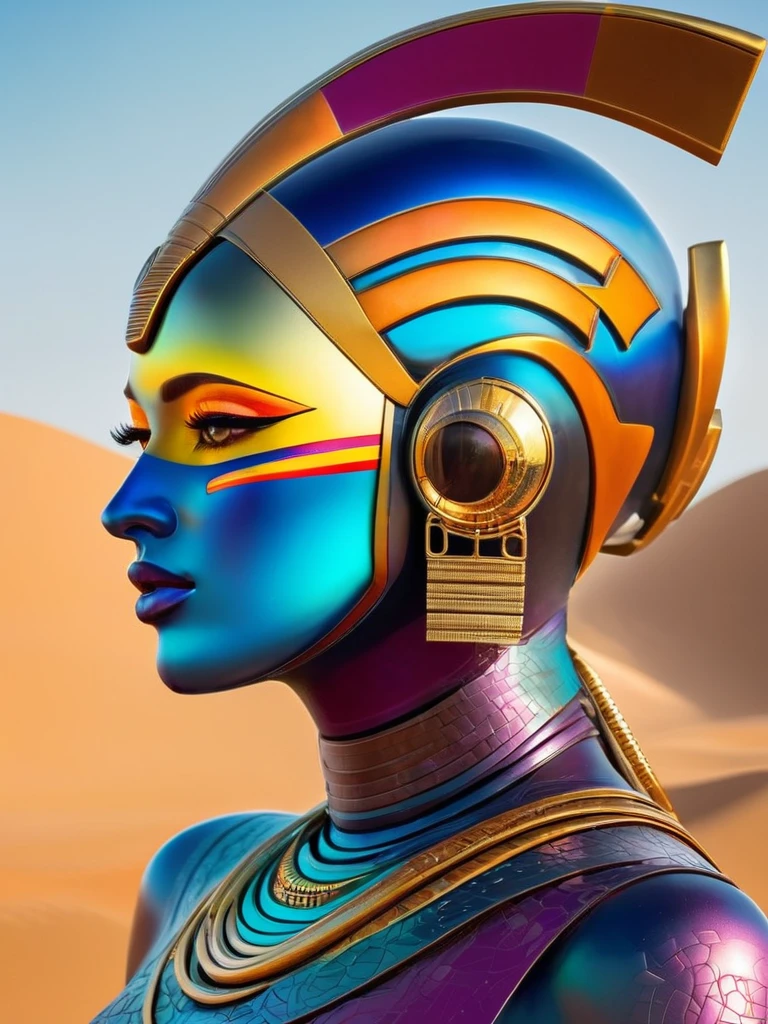 Square album cover, electronica, compilation album, female dj, face obscured, chilled out beats, abstract patterns, futuristic ancient Egyptian elements, Cyberpunk 2077 colors but not as dark, Russian constructivist influence, the sun, science-related ideas, abstract statues