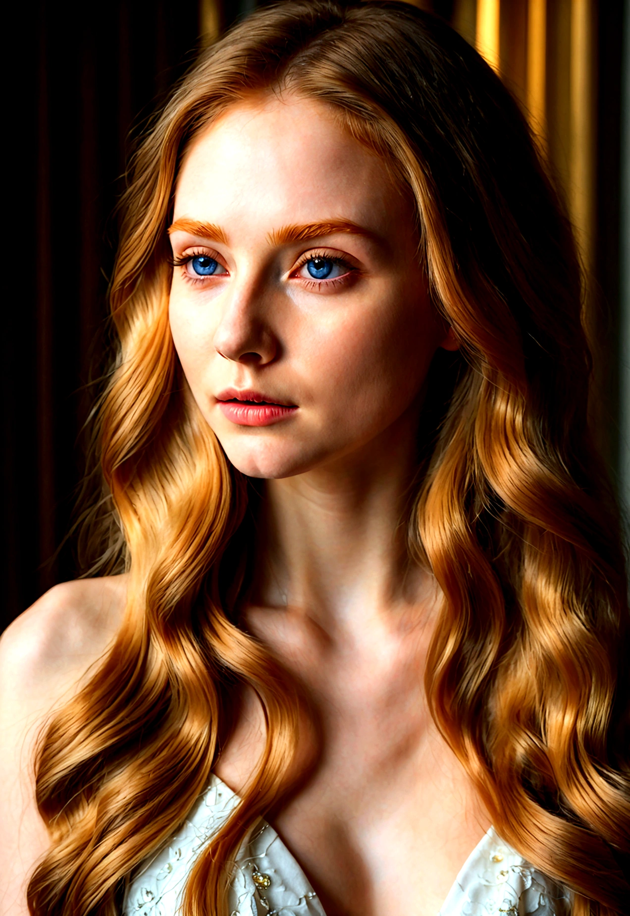 1 elf goddess_young face, golden dress, Unreal Engine, 8K, digital art, art manure, 3d, movie stills, disapproval, subtle lighting, intricate details, realistic, cinematic, dramatic pose, ( Shiny and abundant hair_orange blonde long hair ), ( beautiful detailed eyes, beautiful and delicate lips, very detailed face_pale skin, long eyelashes ), Accurate and detailed depiction of hand and finger shapes, A dreamy, mysterious world, halo, A cluster of twinkling stars, glowing aura, fancy, epic, masterpiece, detailed details, Vivid high resolution,