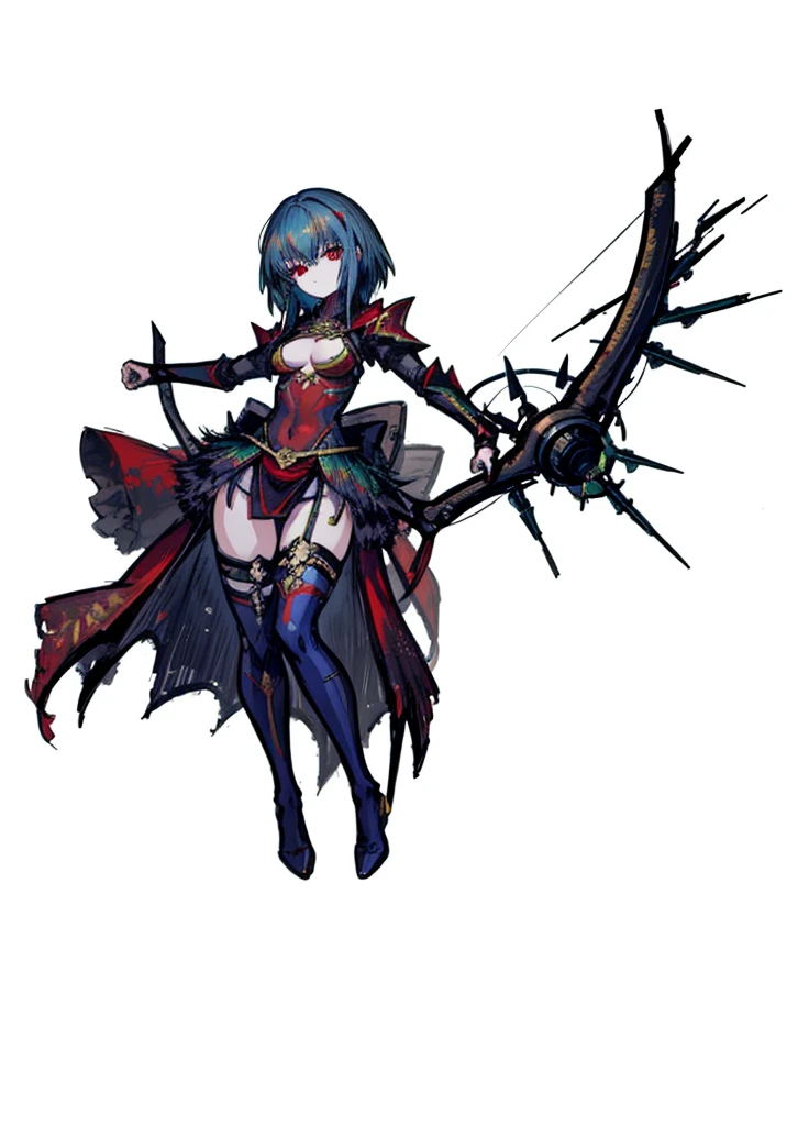 1girl,  blue-green hair, red eyes, exposed torso, archer, bow and arrow,fire knight, legendary weapon ,beautiful clothes,(masterpiece, best quality), calm, aura of fire