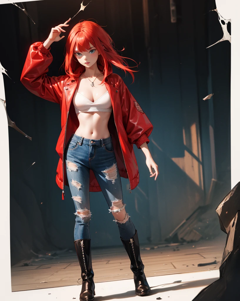 Sexy young girl with a good body, bright red hair, long hair, red eyed, black leather jacket with white bra, ripped blue jeans, short brown boots with white, standing, spiky hair, bristly hair, standing, pose standing