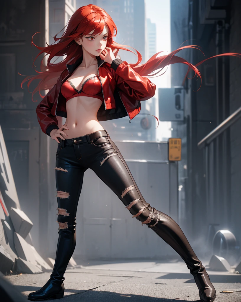 Sexy young girl with a good body, bright red hair, long hair, red eyed, black leather jacket with white bra, ripped blue jeans, short brown boots with white, standing, spiky hair, bristly hair, standing, pose standing