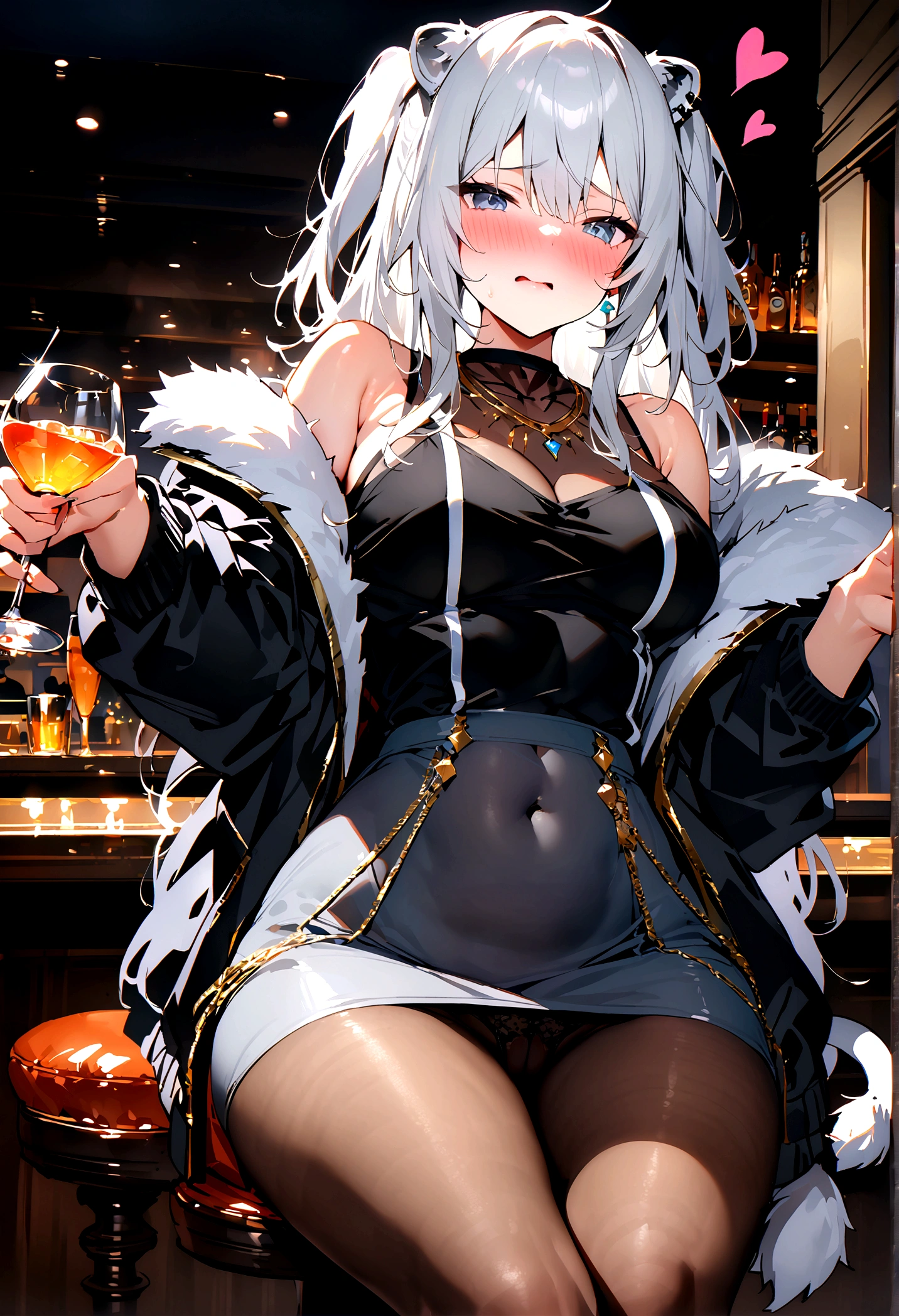 NSFW,masterpiece,Highest quality,High resolution,Super detailed,Shishirabotan\(Hololive\),Long Hair、Two Side Up、Earrings、Lion's Tail,necklace、Black Shirt、Sleeveless shirt、abdomen、See-through、Grey Skirt、片足pantyhose、pantyhose、fur-trimmed jacket、Black jacket、Off the shoulder,Black adult panties,Embarrassed,blush,Luxurious Room,pub,counter,chair,Cocktail Glass,(Drunk),(Intoxication),Sitting in a chair,heart,Sexy pose,Panty shot