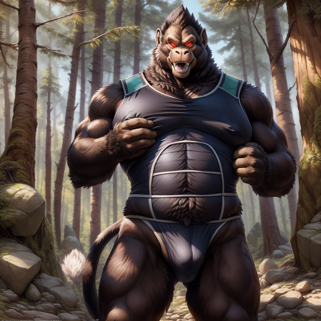 solo, breath (ultra detailed), a beautiful and detailed full size portrait of a female anthro gorilla, oozaru, brown fur, fur body, monkey tail, red eyes, close up view, glowing eyes, empty eyes, tail, bedroom eyes, detailed eyes, big body, sexy body, (wide body). goddess, kenket, Ross Tran,ruan jia, trending on artstation,foxovh, cenematic lighting, front view, big breaths, huge breaths, big , big boos, big , day, tree, (((woods, rocks, seductive, pose, standing))), curvy figure, (((saiyan armor, black undershirt, panties, nipple outline, covering self)), angry, open mouth, blush,
