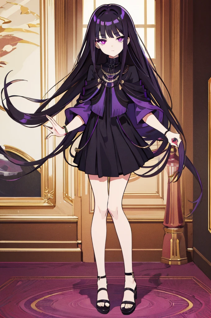 girl, long dark purple or black hair, violet eyes, Black Rich Closed Clothing, Masterpiece, hiquality, high detail, HD, 4k,full body,
