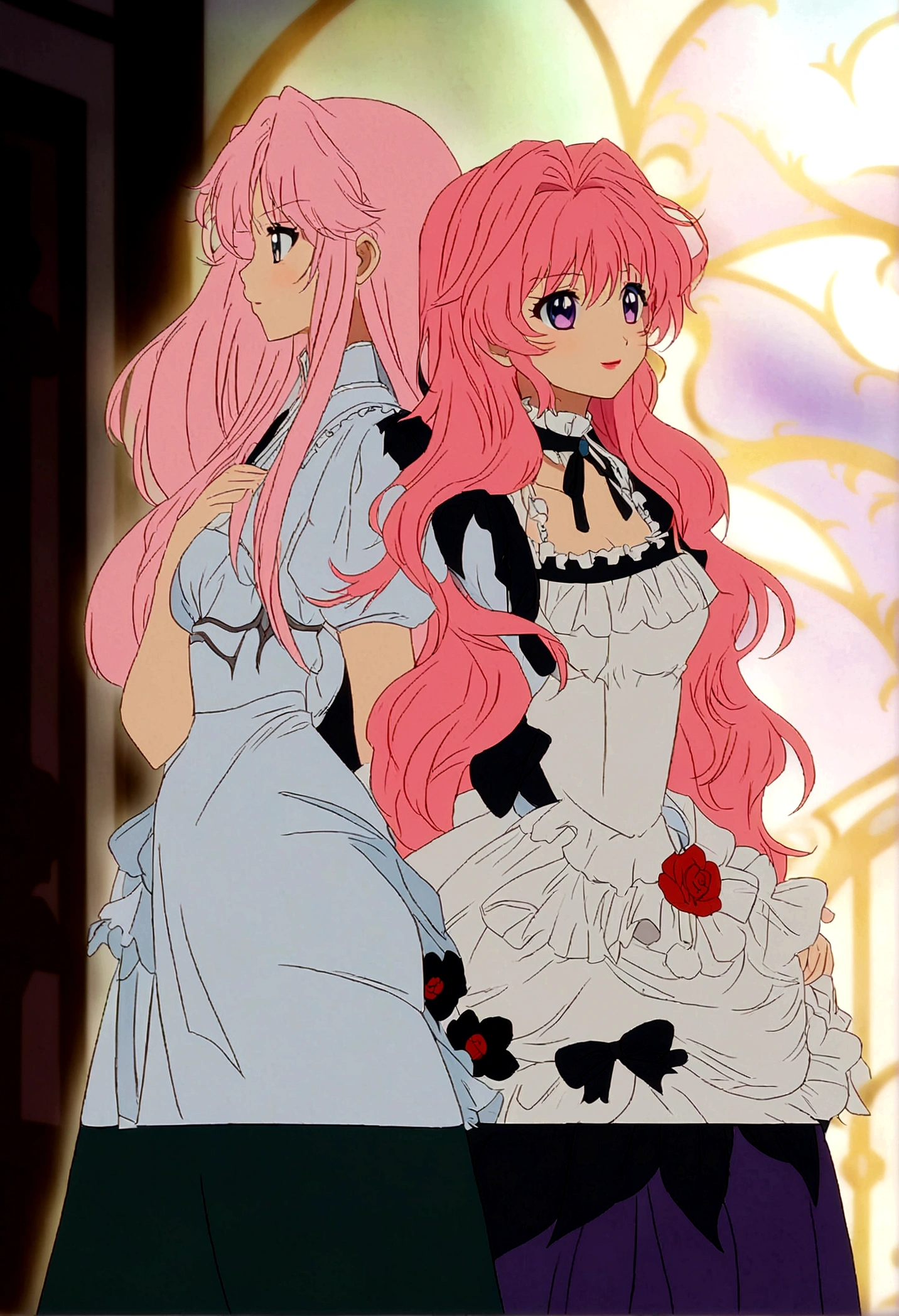 Anime girl with long pink hair and white dress with flowers., puce and vermilion, two beautiful anime girls, anime in fantasy style, anime girl gothic maiden, :14 80s anime style, anime style like destiny/Overnight stay, anime art style, Anime Wallaper, makeup gremory, both wearing Victorian clothing, Animated art style