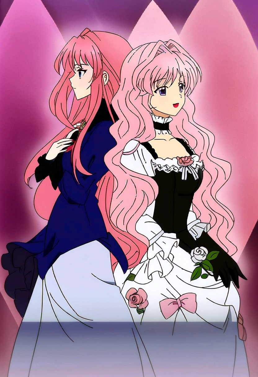 Anime girl with long pink hair and white dress with flowers., puce and vermilion, two beautiful anime girls, anime in fantasy style, anime girl gothic maiden, :14 80s anime style, anime style like destiny/Overnight stay, anime art style, Anime Wallaper, makeup gremory, both wearing Victorian clothing, Animated art style
