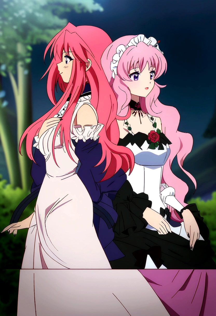 Anime girl with long pink hair and white dress with flowers., puce and vermilion, two beautiful anime girls, anime in fantasy style, anime girl gothic maiden, :14 80s anime style, anime style like destiny/Overnight stay, anime art style, Anime Wallaper, makeup gremory, both wearing Victorian clothing, Animated art style