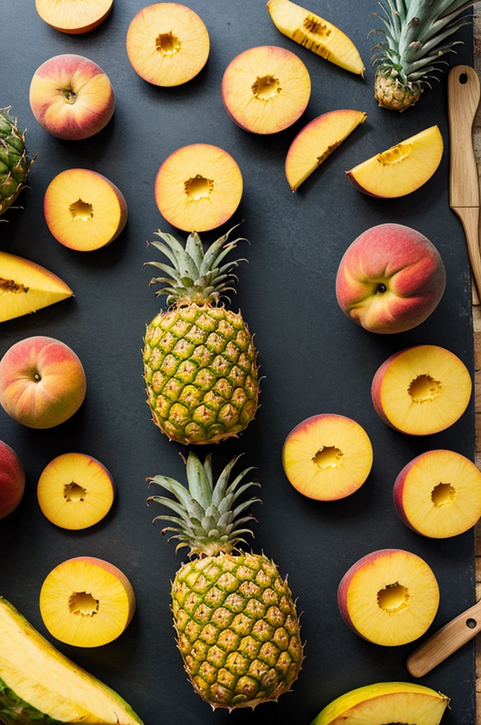 Design a logo with pineapple , mango and peach