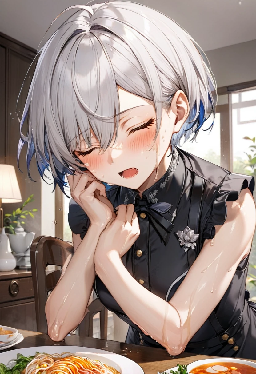 (eating style) (solo:2, 16 yo crew cut silver hair very short hair divine fighter boy, Agony closed eyes, agony face, sweaty skin, flat chest), (in aa butler suit), break, in the livingroom, Natto dishes lined up on the table, BREAK, perfect anatomy, masterpiece, best quality, 16k, beautiful detailed grow, daydreaming expression.