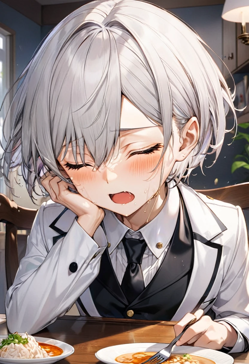 (eating style) (solo:2, 16 yo crew cut silver hair very short hair divine fighter boy, Agony closed eyes, agony face, sweaty skin, flat chest), (in aa butler suit), break, in the livingroom, Natto dishes lined up on the table, BREAK, perfect anatomy, masterpiece, best quality, 16k, beautiful detailed grow, daydreaming expression.