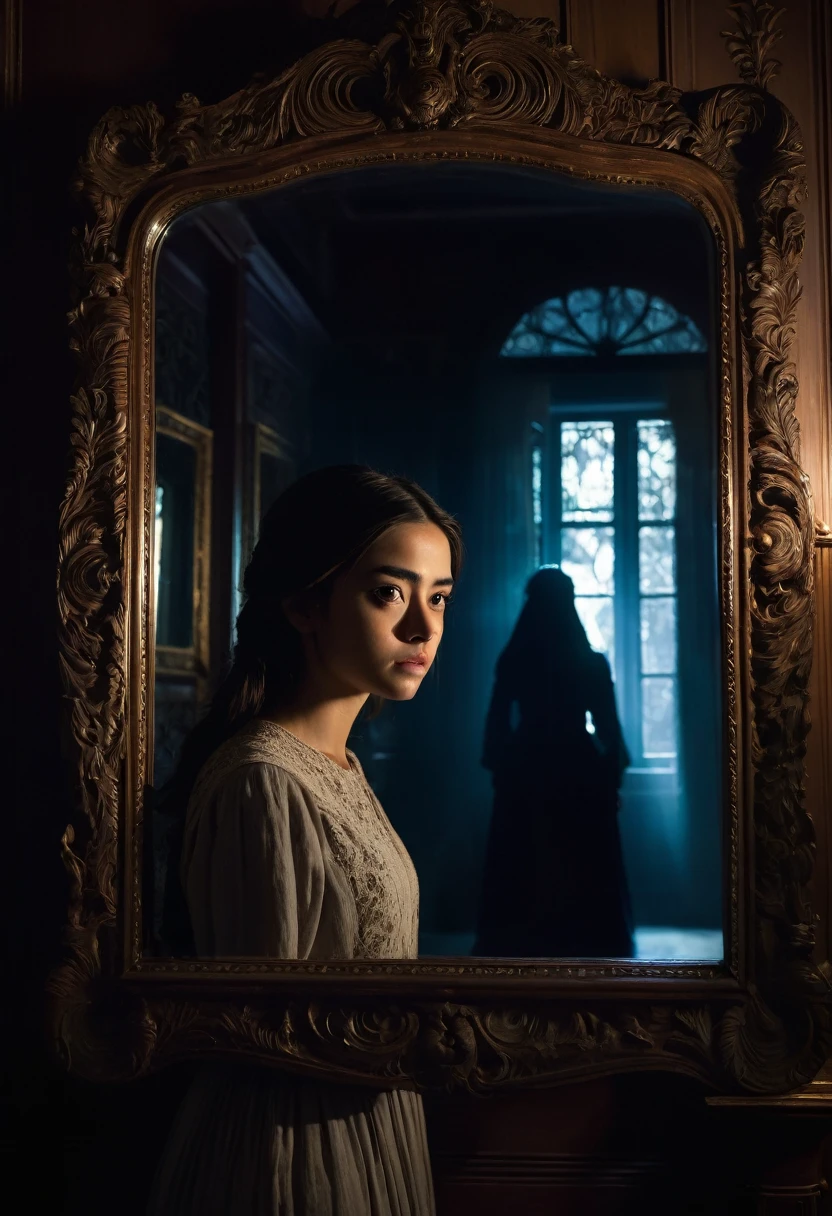 "A young woman stands in front of an antique mirror with an intricately carved dark frame. In the reflection, a ghostly figure of a woman from a bygone era, with eyes glowing with hatred, approaches Ana from behind. The room is enveloped in shadows, and the mirror emits a supernatural light, highlighting the tension and terror on Ana's face. Objects around them are slightly blurred, creating a sense of reality being distorted."