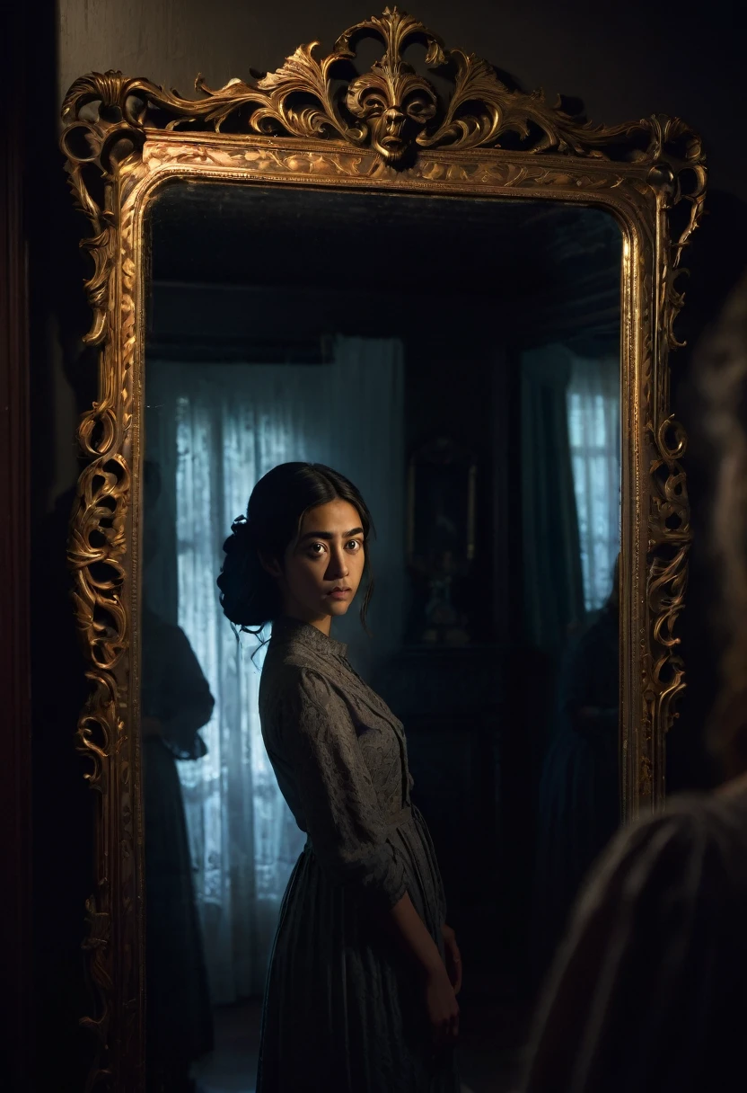"A young woman stands in front of an antique mirror with an intricately carved dark frame. In the reflection, a ghostly figure of a woman from a bygone era, with eyes glowing with hatred, approaches Ana from behind. The room is enveloped in shadows, and the mirror emits a supernatural light, highlighting the tension and terror on Ana's face. Objects around them are slightly blurred, creating a sense of reality being distorted."