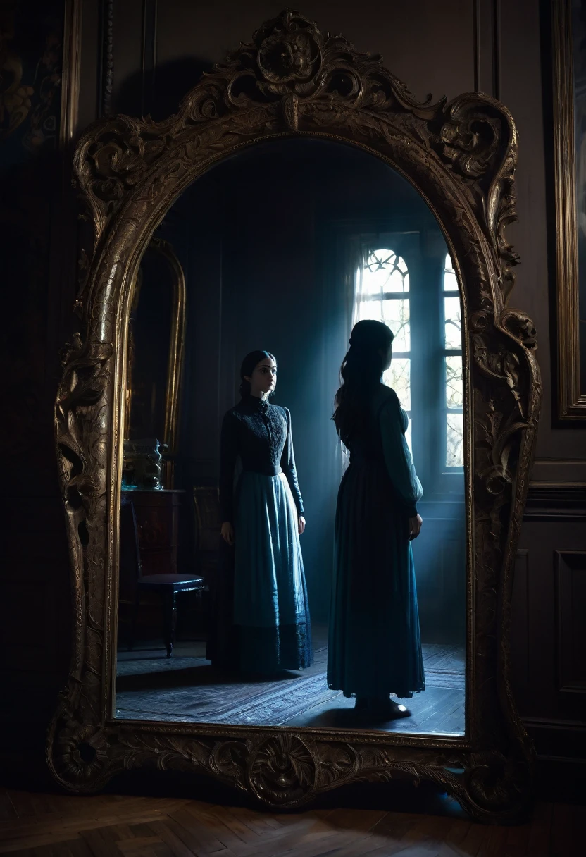 "A young woman stands in front of an antique mirror with an intricately carved dark frame. In the reflection, a ghostly figure of a woman from a bygone era, with eyes glowing with hatred, approaches Ana from behind. The room is enveloped in shadows, and the mirror emits a supernatural light, highlighting the tension and terror on Ana's face. Objects around them are slightly blurred, creating a sense of reality being distorted."