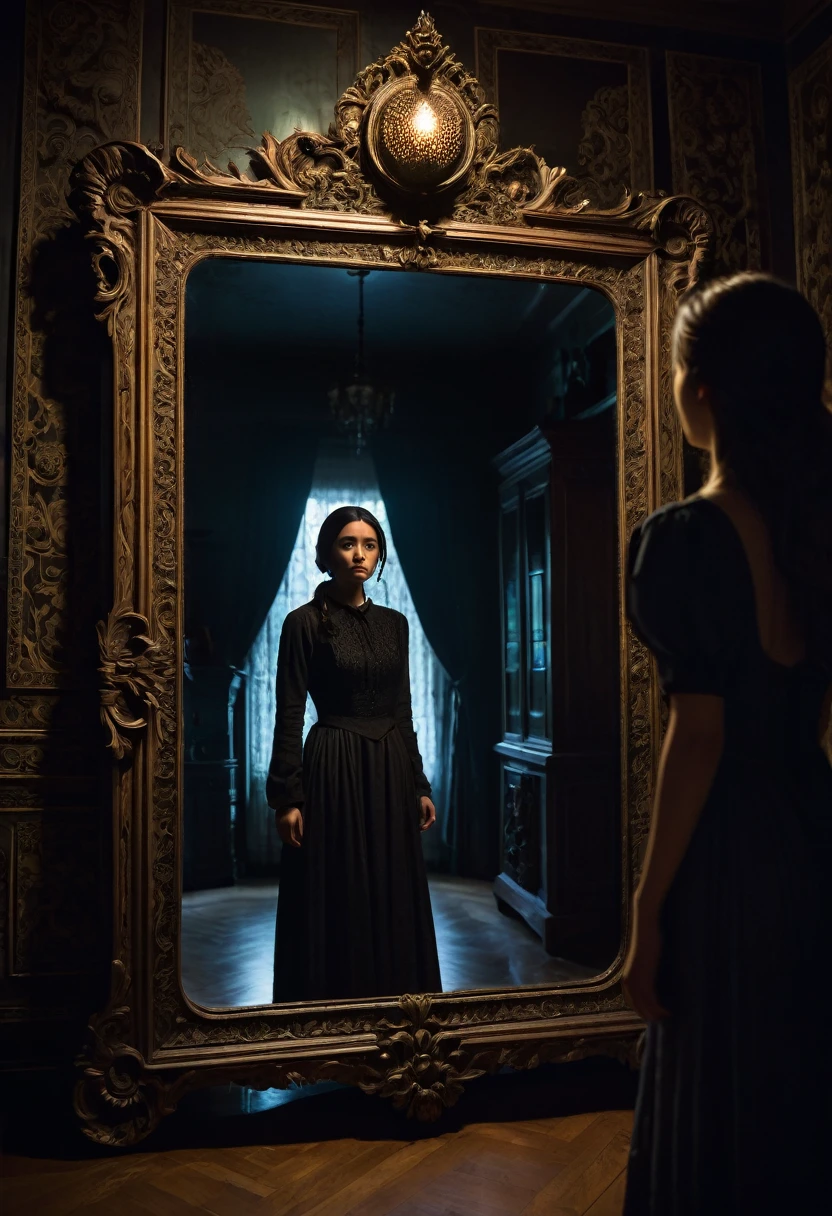 "A young woman stands in front of an antique mirror with an intricately carved dark frame. In the reflection, a ghostly figure of a woman from a bygone era, with eyes glowing with hatred, approaches Ana from behind. The room is enveloped in shadows, and the mirror emits a supernatural light, highlighting the tension and terror on Ana's face. Objects around them are slightly blurred, creating a sense of reality being distorted."