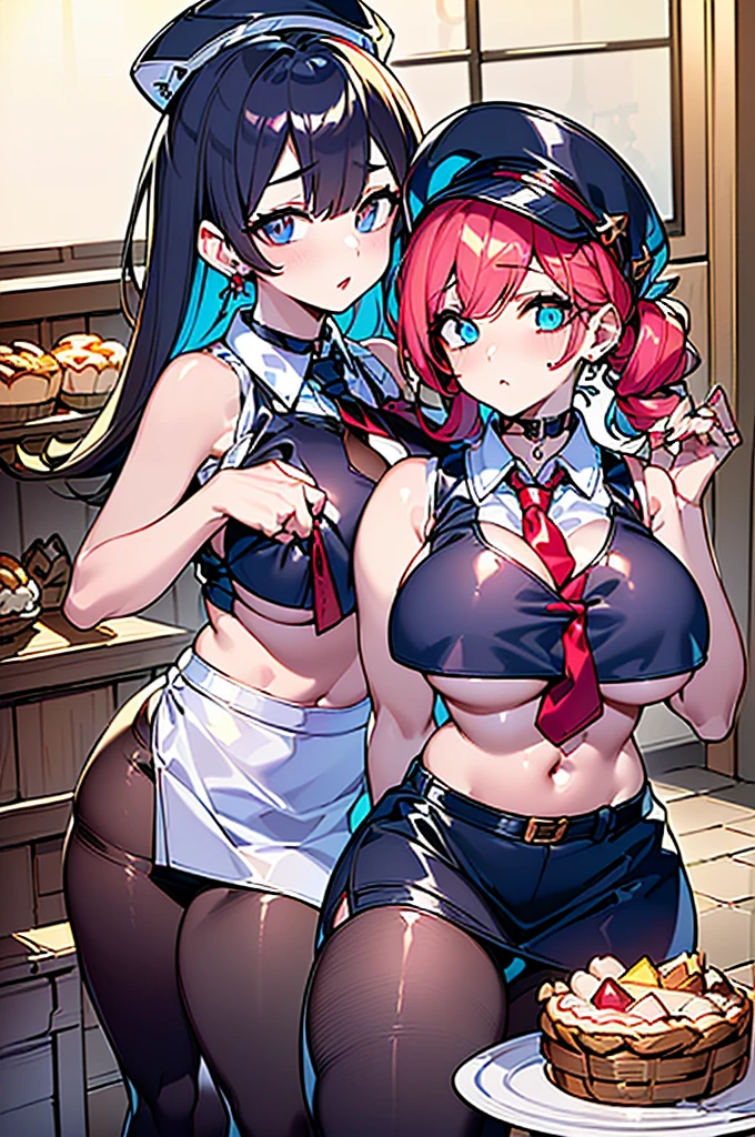 (perky chest:1.2), (pointed chest:1.2),(((Black Tunic:1.3))),(((cakes and bread in the basket),Cute and beautiful girl,masterpiece、highest quality、Very detailed、Beautiful fine details、One Girl、Detailed landscape、Training gym Room Background:1.4、Braided Ponytail、Red camisole、((B cup breasts, Tank top showing underboob:1.3)), black jacket, thigh strap, bangs, necktie, earrings, nail polish, fishnet pantyhose, multicolored hair, looking at viewer, full body, bottle, own hands together, belt, food, animal on head, black necktie, ring, choker, english text paper:1.2, collared shirt, blue eyes, platform boots, hat,lace-up boots ,