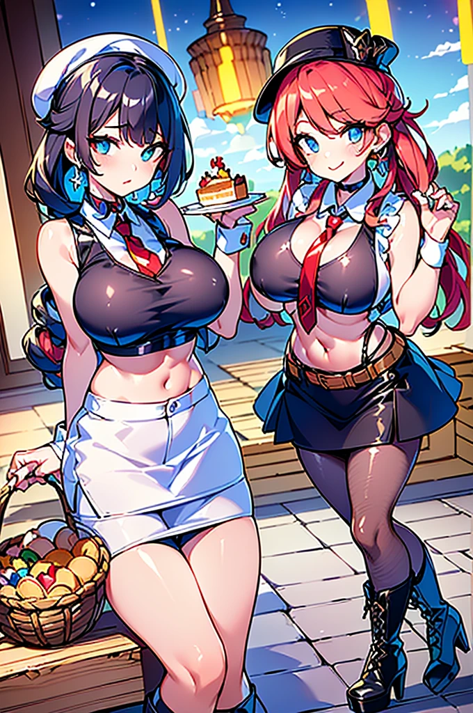 (perky chest:1.2), (pointed chest:1.2),(((Black Tunic:1.3))),(((cakes and bread in the basket),Cute and beautiful girl,masterpiece、highest quality、Very detailed、Beautiful fine details、One Girl、Detailed landscape、Training gym Room Background:1.4、Braided Ponytail、Red camisole、((B cup breasts, Tank top showing underboob:1.3)), black jacket, thigh strap, bangs, necktie, earrings, nail polish, fishnet pantyhose, multicolored hair, looking at viewer, full body, bottle, own hands together, belt, food, animal on head, black necktie, ring, choker, english text paper:1.2, collared shirt, blue eyes, platform boots, hat,lace-up boots ,