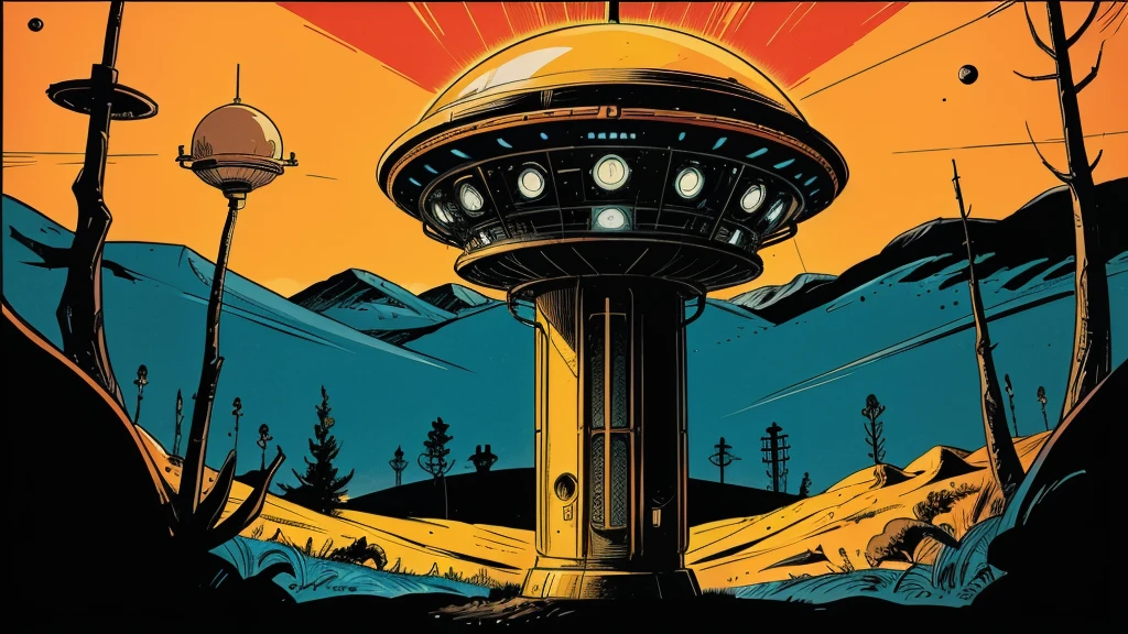 Use this prompt to create an image in the style of 1950s-70s comic book art. Use bold outlines, halftone patterns, and exaggerated perspective. Employ intense, saturated colors reminiscent of vintage four-color printing. Maintain a psychedelic, otherworldly atmosphere with swirling, colorful skies and strange celestial bodies. Emphasize the contrast between light and shadow to create a dramatic, pulp sci-fi feel. Create an image of: a UFO landing