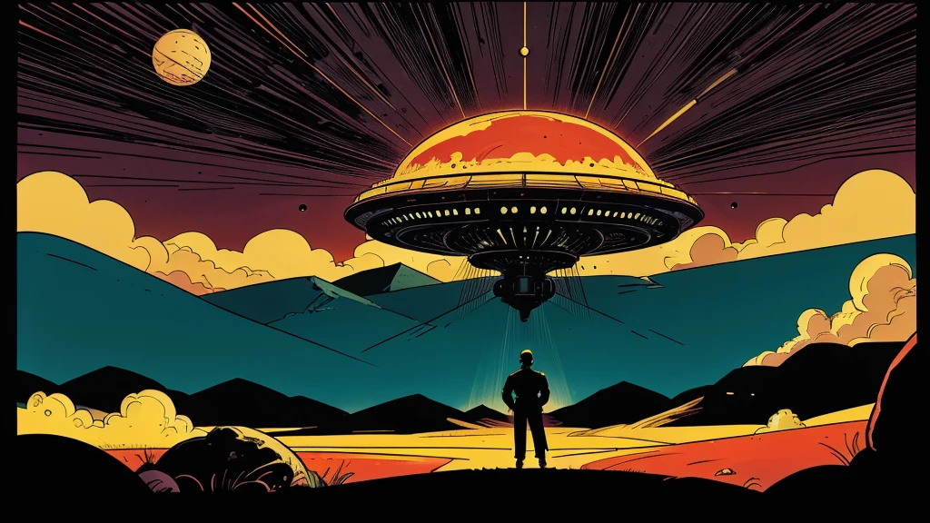 Use this prompt to create an image in the style of 1950s-70s comic book art. Use bold outlines, halftone patterns, and exaggerated perspective. Employ intense, saturated colors reminiscent of vintage four-color printing. Maintain a psychedelic, otherworldly atmosphere with swirling, colorful skies and strange celestial bodies. Emphasize the contrast between light and shadow to create a dramatic, pulp sci-fi feel. Create an image of: a UFO landing