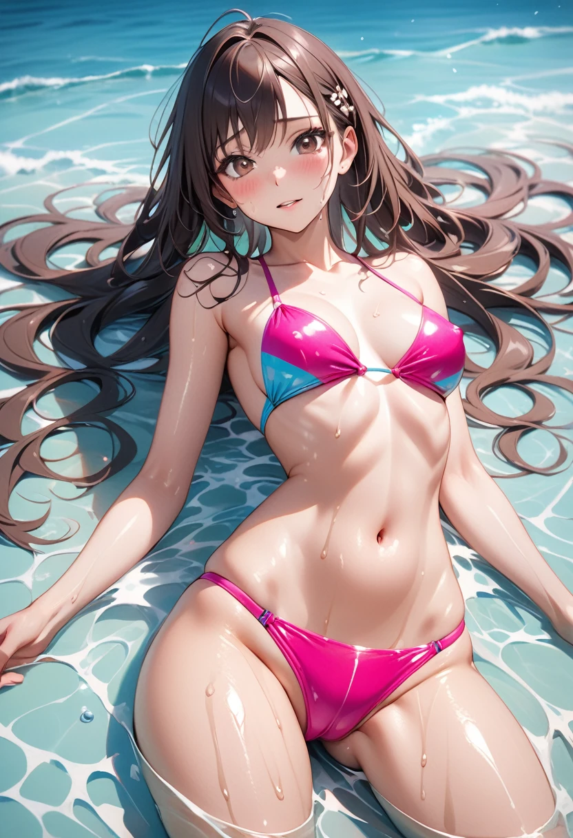 ((Bright pop-colored swimsuits, lying on the water and floating, Mediterranean Sea)), skindentation, skinny, solo, 1 woman, Masterpiece, highest quality, highest quality, 16K, incredibly absurd, highly detailed, 2.5D, ai-generated, delicate and dynamic, very delicate facial expressions, delicate eye depiction, erotic, only sexy woman, healthy figure, 25-year-old woman, bride, 160cm tall, medium firm swaying bust, (dark hair), black eye, blush, Sweat,Embarrassed,sexy, ((thin thighs)), (Erect nipples:0.8), (visible nipples:0.8), (camel toe:0.8), ((shiny and lustrous)), facing straight at viewer, ((brown_skin:1.5)), ((Oily_skin)), sweaty skin, wet skin, dutch angle, sexy pose,lying,