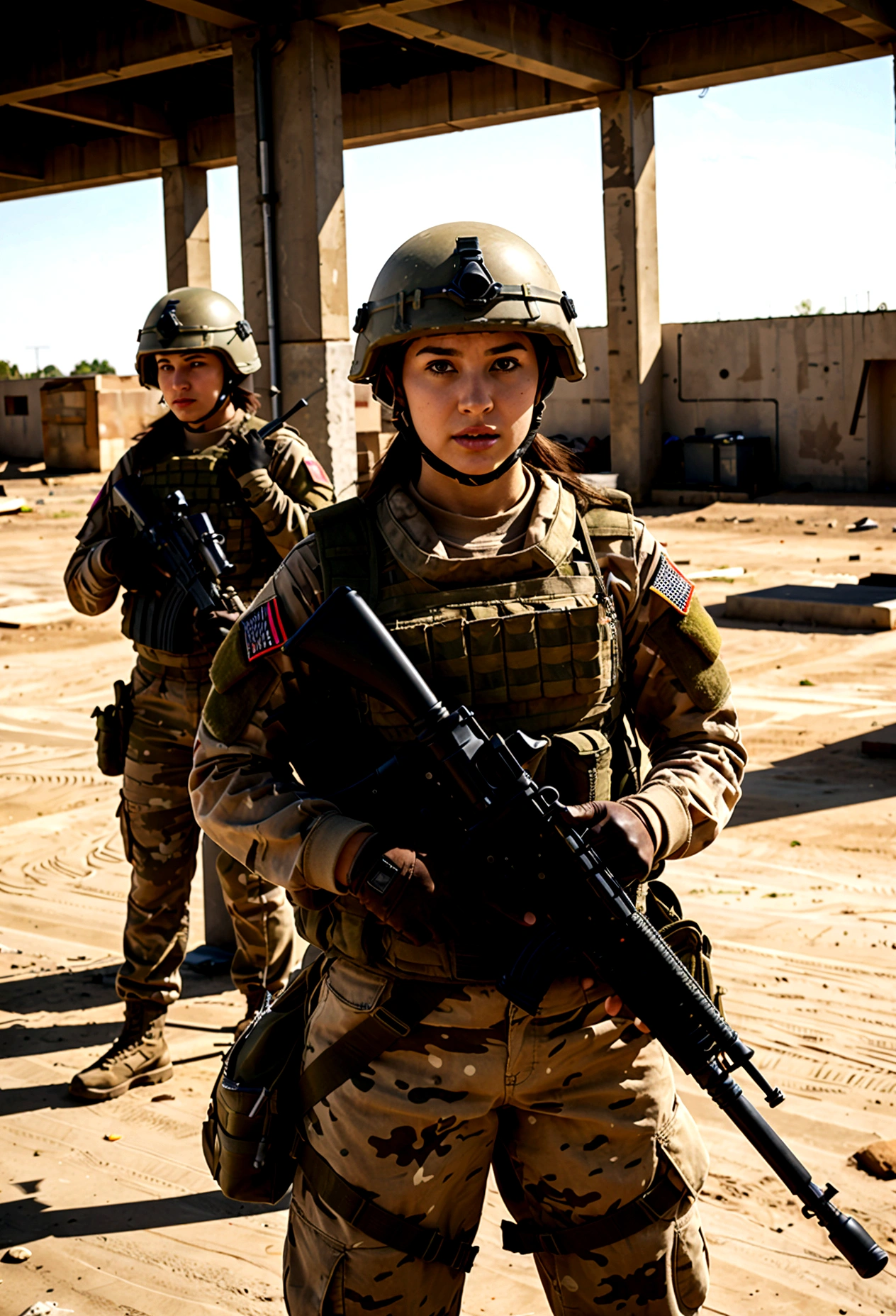 best qualityer,ultra detali,realisitic:1.37,Women Soldiers,combat uniforms,tactical equipment,protective helmets,assault rifles,strong and confident,Stern expressions,dynamic poses,Intense action,military backdrop,hdr,bright coloured,proffesional