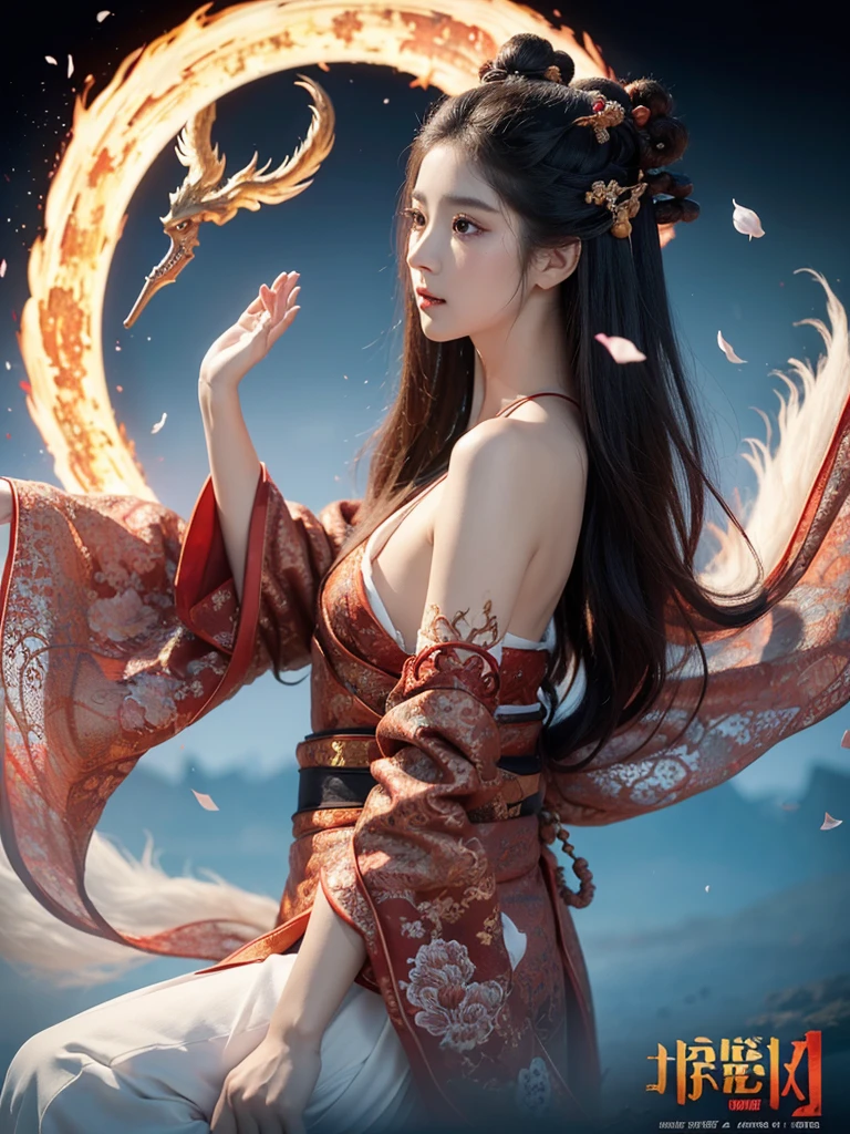 (A Divine Beast), Nine-Tailed Demon Fox, Dynamic Body Type, (loira Monster), bonitas, Started Ink, , 1 girl, ((whole body), ((2.5D)), floating hair, gorgeous eyes, Delicate Eyes, Delicate Silhouette, Fantasyart, (Black and Red Antique Brocade Hanfu), fov, (work of art), front facing shot, side portrait, White background, (movie poster), Spitz, Start, nube, petals, Void, sky, (wide angle lens), sight