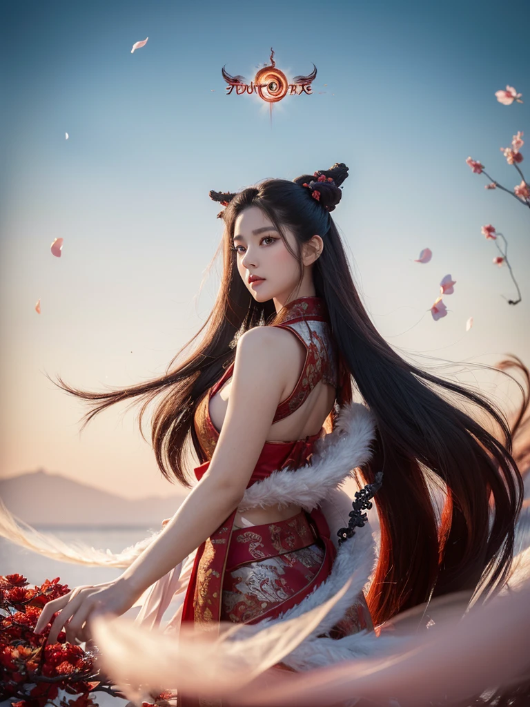 (A Divine Beast), Nine-Tailed Demon Fox, Dynamic Body Type, (loira Monster), bonitas, Started Ink, , 1 girl, ((whole body), ((2.5D)), floating hair, gorgeous eyes, Delicate Eyes, Delicate Silhouette, Fantasyart, (Black and Red Antique Brocade Hanfu), fov, (work of art), front facing shot, side portrait, White background, (movie poster), Spitz, Start, nube, petals, Void, sky, (wide angle lens), sight