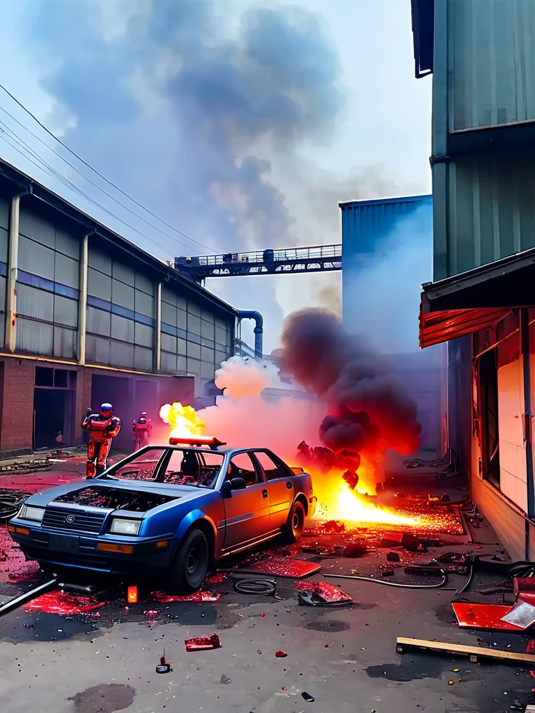 Abandoned Factory、Robocop destroyed and dismembered、Vomiting blood from the mouth、Sparks and smoke coming from dismembered body parts