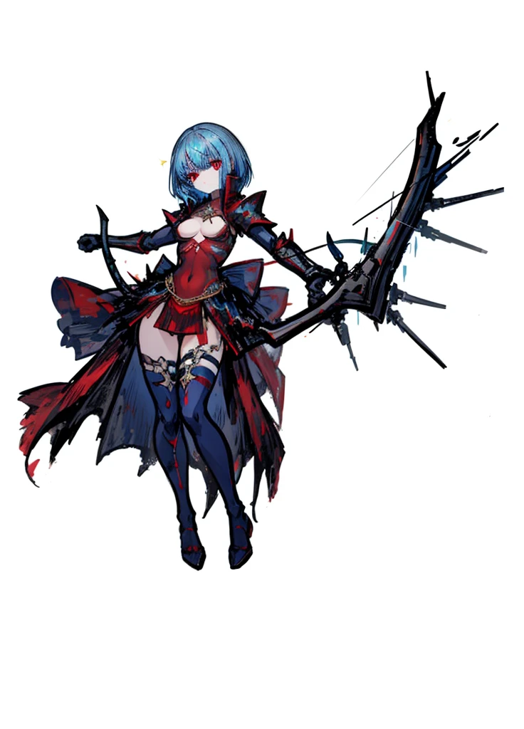 1girl, ice blue hair, red eyes, exposed torso, archer, bow and arrow,fire knight, legendary weapon ,beautiful clothes,(masterpiece, best quality), calm, aura of fire