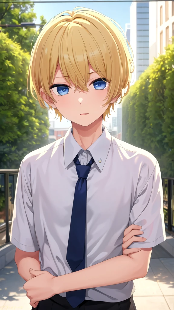 masterpiece, best quality, high quality, 1boy, solo, 14-year-old boy,male focus, looking at viewer , blonde hair, old-school swoop haircut,upper body , blue eyes,