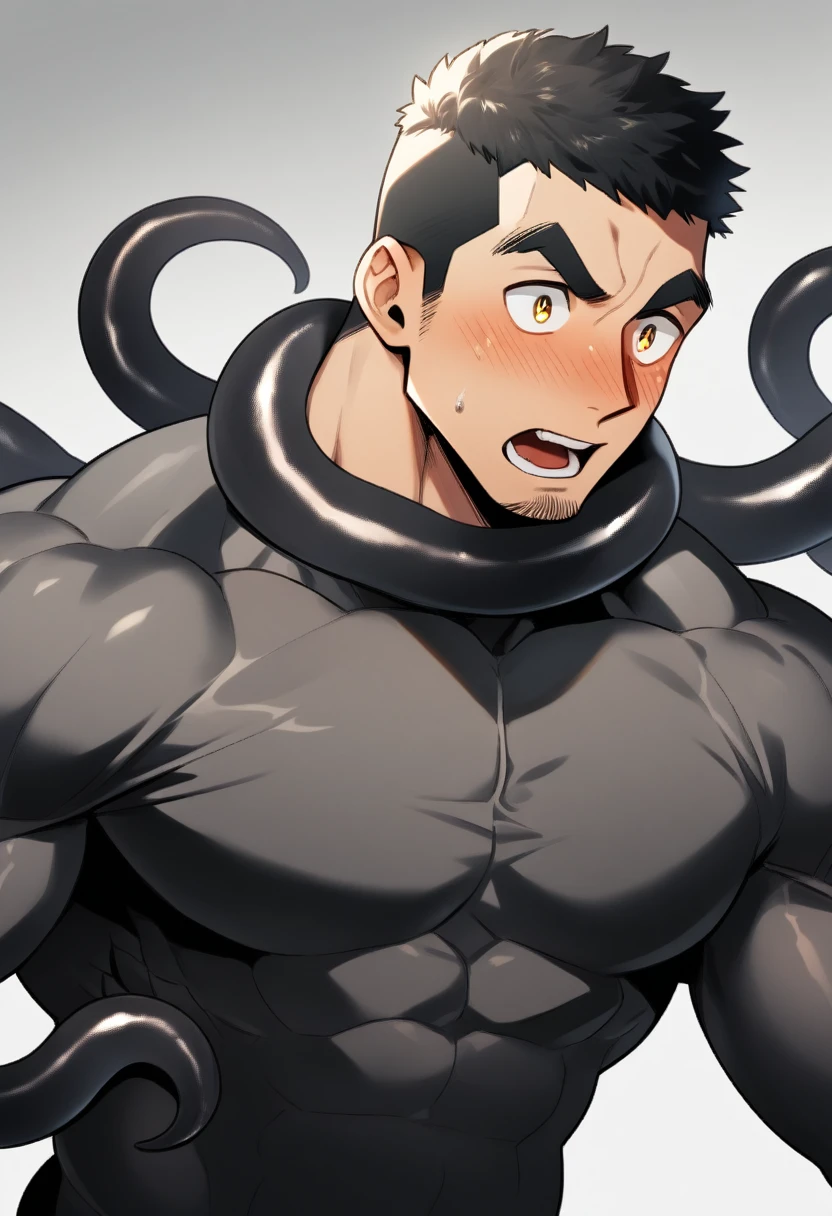 anime characters：Superhero in tights, negro black skin, He was entangled by a large number of thick black tentacles, Very stout, Lots of mucus, Wrap around the neck, Tightly tied, Manliness, male focus, Yellow and black high collar long sleeve tight T-shirt, Slightly transparent material, Very tight, Round, full and perky chest muscles, Male dog waist, Slightly transparent, muscular male, muscular, only, Upper body, alone, Black short hair, Thick eyebrows, stubble, Yellow eyes, Grey background, simple background, amazing quality, best aesthetics, Ridiculous, bright pupils, crew cut, parted lips, blush, open mouth, scared, drop shadow, best quality