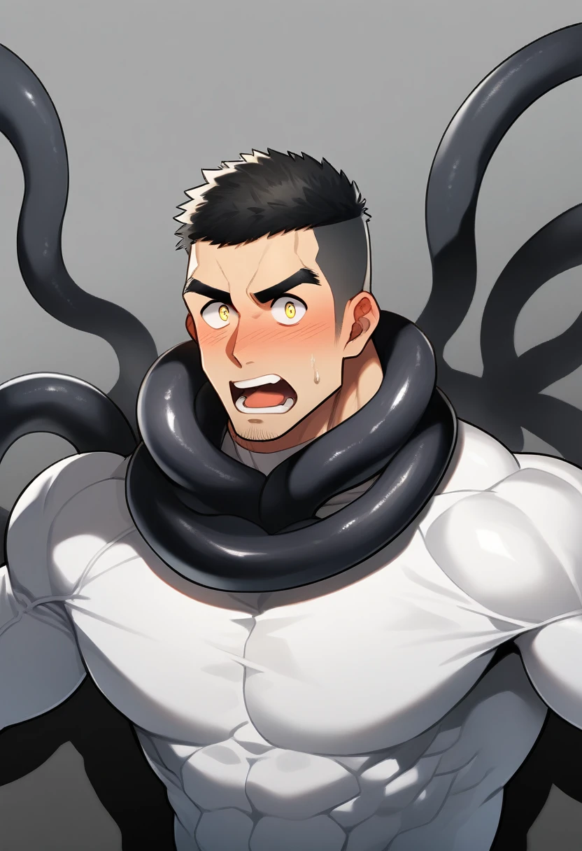 anime characters：Superhero in tights, negro black skin, He was entangled by a large number of thick black tentacles, Very stout, Lots of mucus, Wrap around the neck, Tightly tied, Manliness, male focus, Yellow and black high collar long sleeve tight T-shirt, Slightly transparent material, Very tight, Round, full and perky chest muscles, Male dog waist, Slightly transparent, muscular male, muscular, only, Upper body, alone, Black short hair, Thick eyebrows, stubble, Yellow eyes, Grey background, simple background, amazing quality, best aesthetics, Ridiculous, bright pupils, crew cut, parted lips, blush, open mouth, scared, drop shadow, best quality