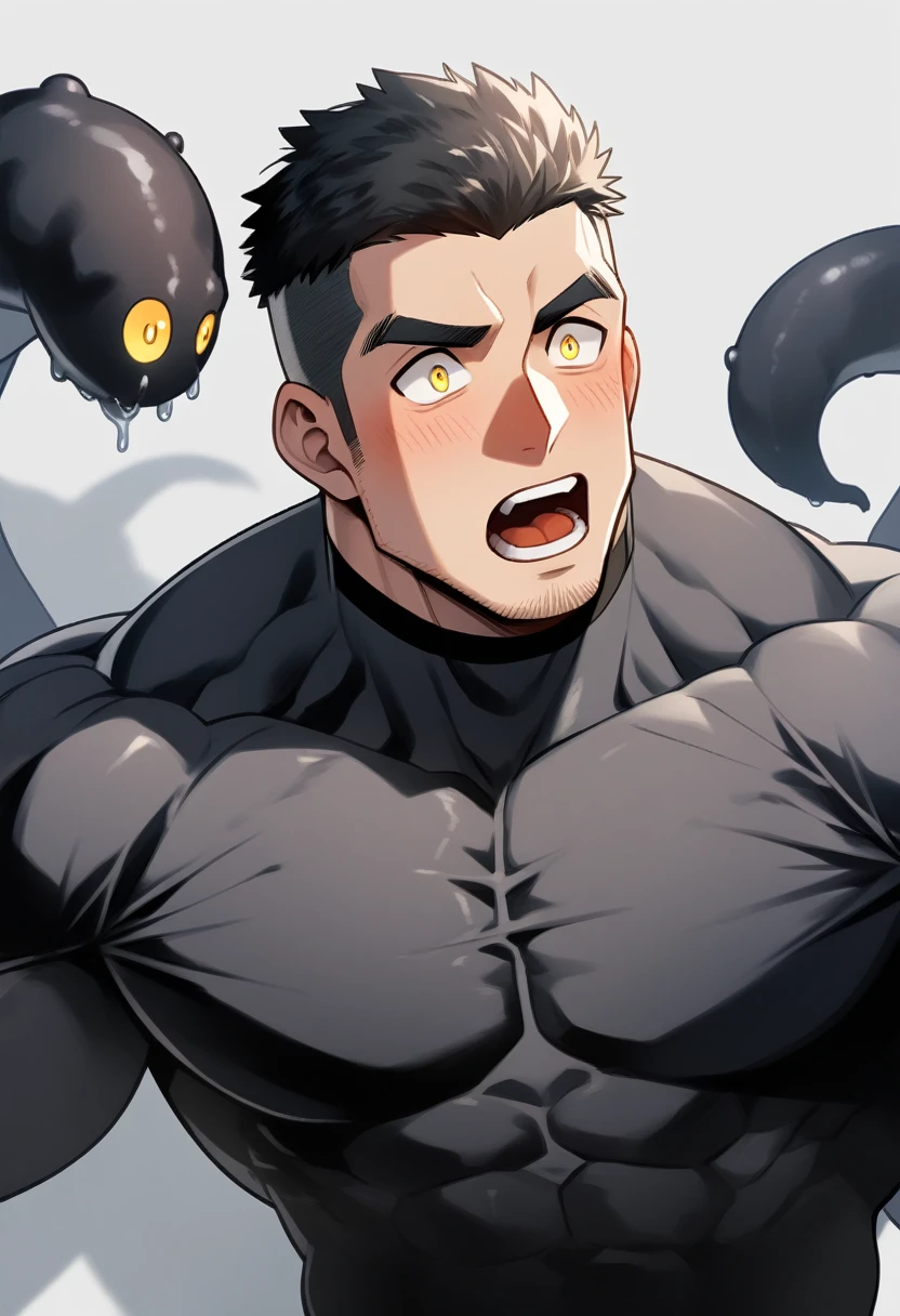 anime characters：Superhero in tights, negro black skin, He was entangled by a large number of thick black tentacles, Very stout, Lots of mucus, Wrap around the neck, Tightly tied, Manliness, male focus, Yellow and black high collar long sleeve tight T-shirt, Slightly transparent material, Very tight, Round, full and perky chest muscles, Male dog waist, Slightly transparent, muscular male, muscular, only, Upper body, alone, Black short hair, Thick eyebrows, stubble, Yellow eyes, Grey background, simple background, amazing quality, best aesthetics, Ridiculous, bright pupils, crew cut, parted lips, blush, open mouth, scared, drop shadow, best quality