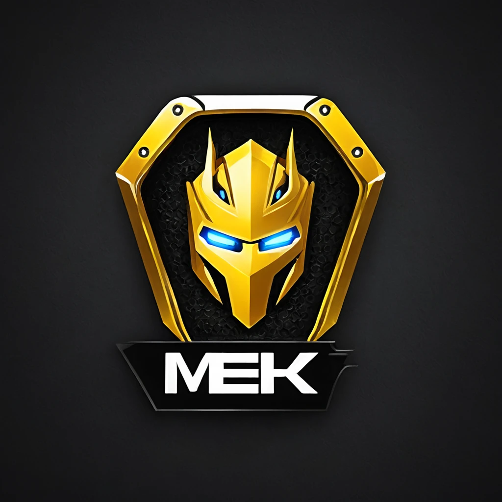 logomkrdsxl,an  edgy logo  3D with robô dourado e prata,  vector, text "MEK",  best quality, masterpiece, brand, dark background, 