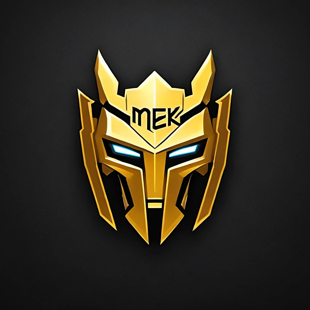 logomkrdsxl,an  edgy logo  3D with robô dourado e prata,  vector, text "MEK",  best quality, masterpiece, brand, dark background, 