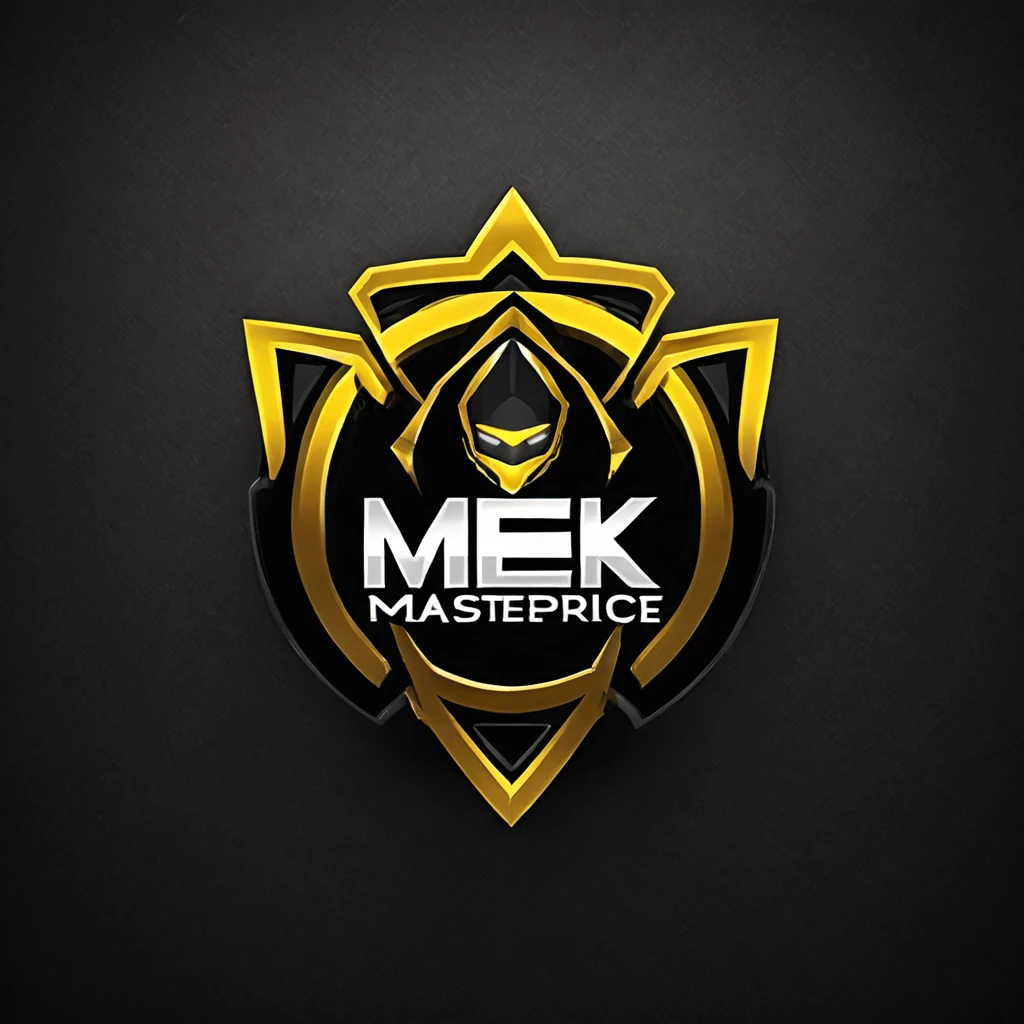 logomkrdsxl,an  edgy logo  3D with robô dourado e prata,  vector, text "MEK",  best quality, masterpiece, brand, dark background, 