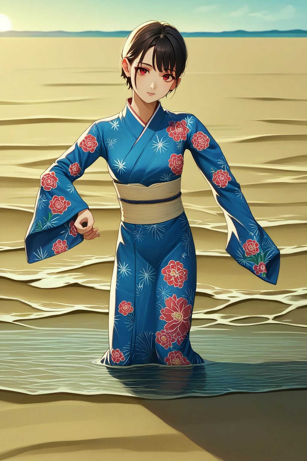 score_9, score_8_up, score_7_up, score_6_up, score_5_up, score_4_up, BREAK source_anime, 1girl, looking at viewer, short hair, red eyes, blue kimono, floral print, long sleeves, outside, sand, water, sky