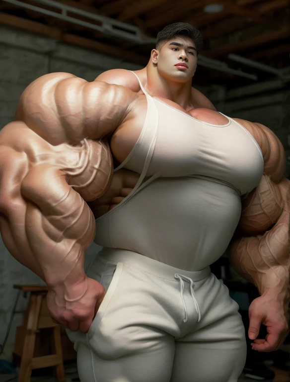 1 asian boy, giant, alone, giant bodybuilder, illuminating light, strong body, bulk, large size, staring, standing in white photo studio, indoor, nude, poor tattered shirt & pants, thick bulge, extraordinary big, brutalmass, giant muscular body, bulk, buff, massive body, large meaty body size, extremely wide body