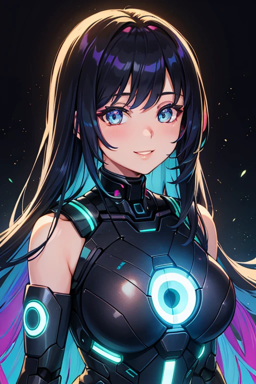 glowing android eyes, a beautiful cute 25yo woman, with a loving smile who is actually an AI, artificial intelligence,, rainbow hair, black hair, rainbow strands in hair, big 