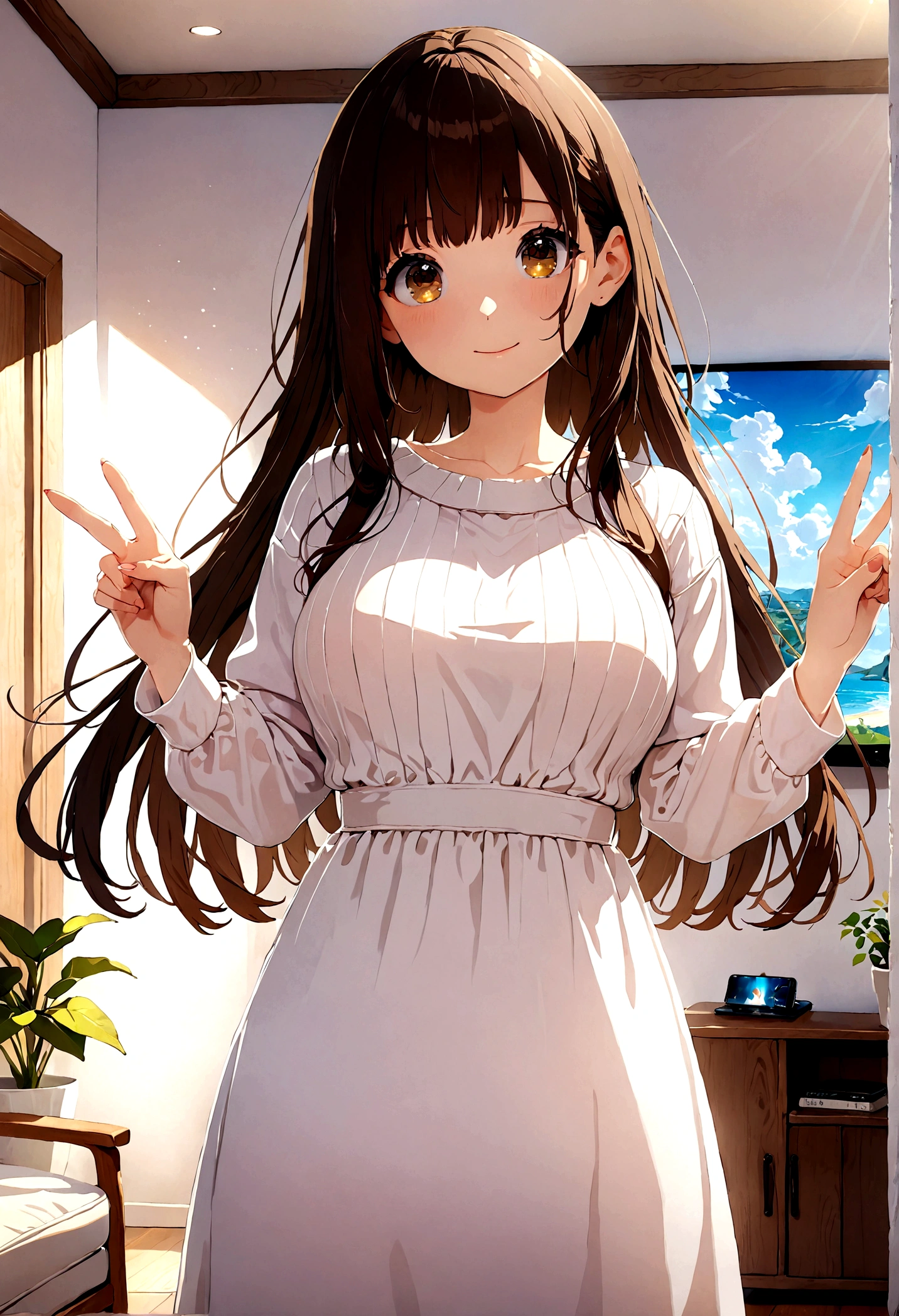 ((1girl)), super fine illustration, vibrant colors, absurdres extremely detailed CG, 8k wallpaper, (masterpiece:1.3), dynamic angle, dynamic pose,
best quality, depth of field, cinematic lighting, ultra detailed, brown long hair, very straight hair, large breast, white knit dress , 20yo, cute, very baby face, brown eyes, kawaii, smile, droopy eyes, arms at sides, smartphone, modern living room, peace fingers, The screen of the smartphone in his hand is facing towards me