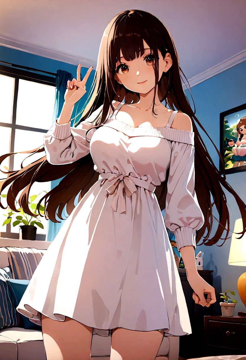 ((1girl)), super fine illustration, vibrant colors, absurdres extremely detailed CG, 8k wallpaper, (masterpiece:1.3), dynamic angle, dynamic pose,
best quality, depth of field, cinematic lighting, ultra detailed, brown long hair, very straight hair, large breast, white knit dress , 20yo, cute, very baby face, brown eyes, kawaii, smile, droopy eyes, arms at sides, smartphone, modern living room, peace fingers, The screen of the smartphone in his hand is facing towards me