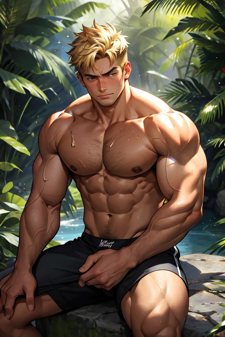 (masterpiece, Best quality 12 year old boy), 1 boy, adult, huge muscles, big body, Slightly modify the abdominal contour, Short blonde hair,brown eyes, complicated, Rainforest, Muscles sparkle in the sun,shirtless,Wearing underwear,pained expression,bite lip, bright colors,(depth of field:1.2),looking at the audience, sit on stone, huge hyper muscle, huge chest, visible bulge, penis bulge, hands up, bulky body