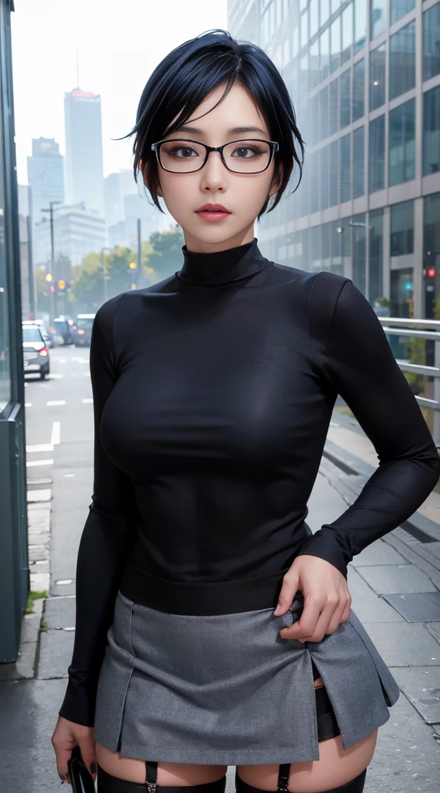 4K quality, The best high quality masterpiece, Punk girl wearing thin silver glasses and a black shirt, (heavy makeup), Blurred city background at sunrise, short hair, blue hair, detailed face, high quality, High resolution, (full shot:1.8), big breastini skirt, garter belt and black stockings