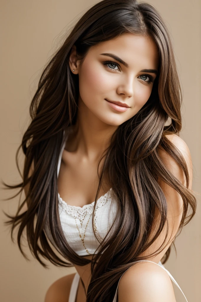 Generate a photo of a pretty woman on a neutral background