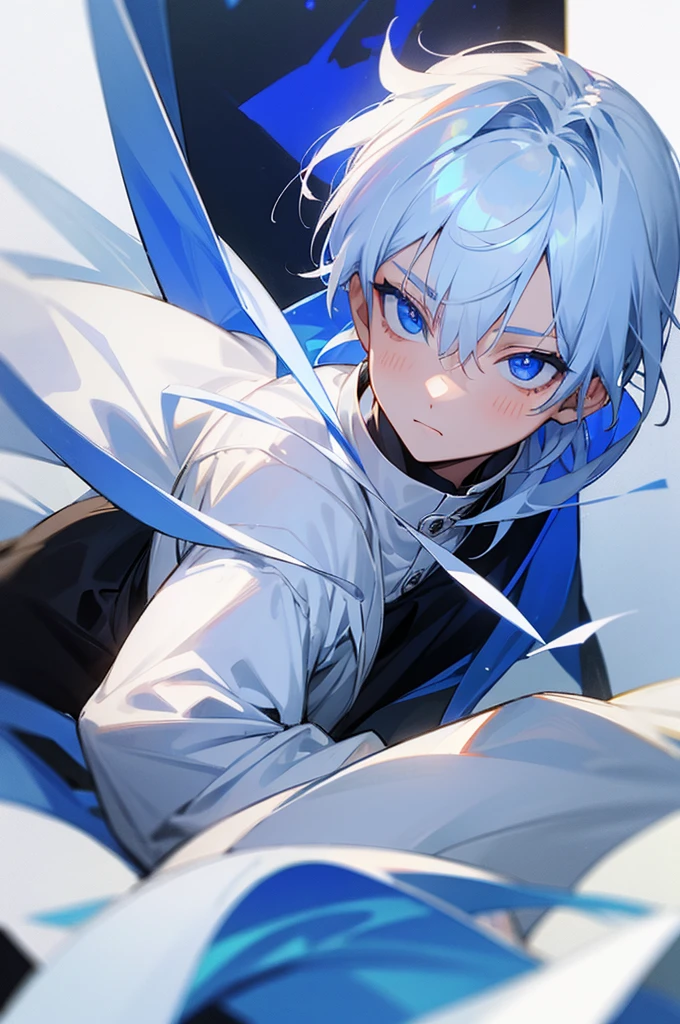 A boy with silver white hair and sapphire blue eyes